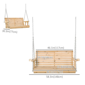 2 Seater Porch Swing Wooden Patio Swing Chair Seat with Cup Holder and Chains Outdoor Swing Bench for Garden Yard, Natural