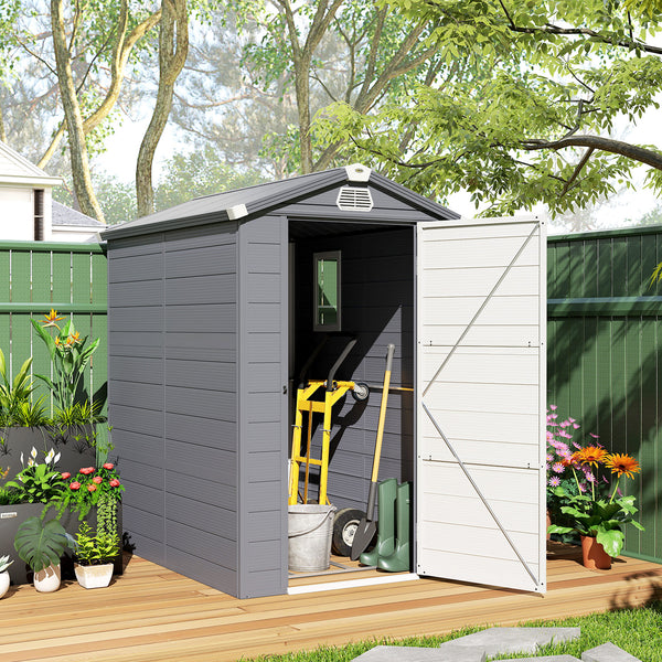 Abri de jardin en plastique avec porte à loquet, aérations, toit incliné, gris foncé