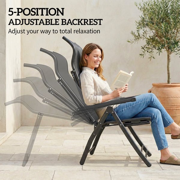 Folding Patio Chairs Set of 2, 5-Position Outdoor Lounge Chairs with High Back, Retractable Footrest, Dark Grey