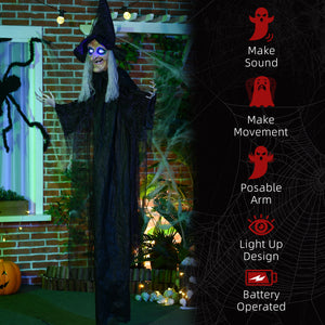 Décoration d'Halloween d'extérieur  1,80 m, sorcière noire grandeur nature, accessoire d'Halloween avec yeux lumineux
