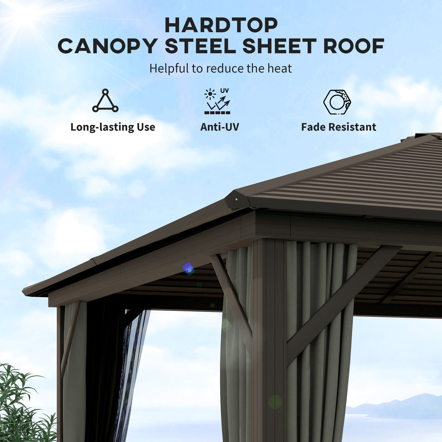 Gazebo à toit rigide de luxe en aluminium avec toit en métal et abri solaire de jardin