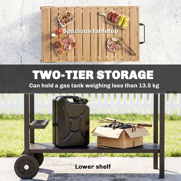 2-Tier Outdoor BBQ Cart, Grill Stand with Drink Holder, Hooks, and Wheels, Black and Brown