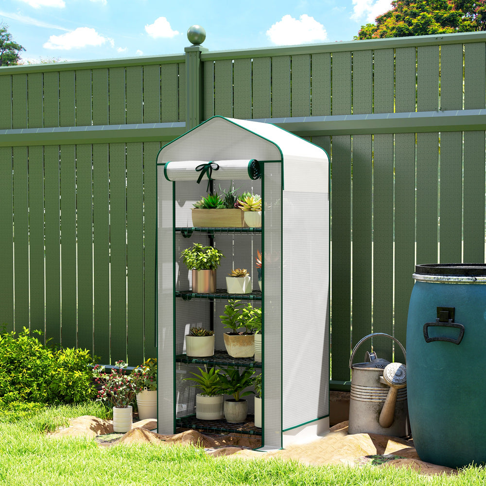 Mini greenhouse with mosquito net roof and roll-up zip door, white