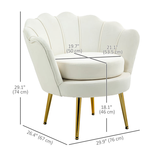 Fauteuil d'appoint lotus en tissu velours avec pieds en métal doré, blanc crème