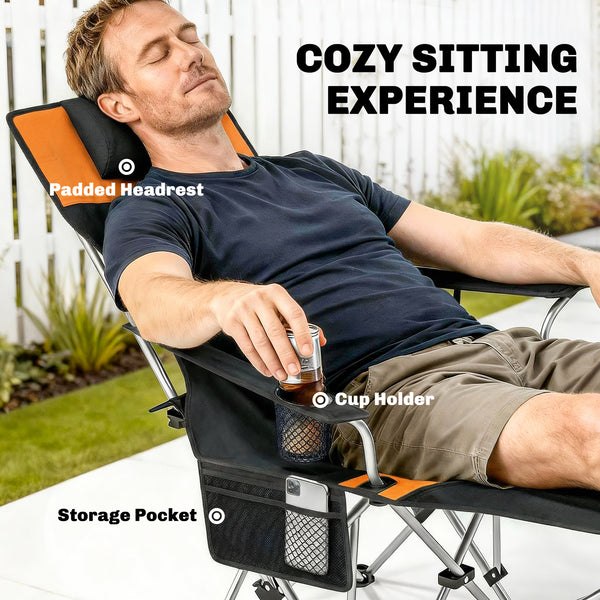 Ensemble de 2 chaises de camping inclinables avec repose-pieds, pliante avec appui-tête, porte-gobelet et sac de rangement, orange