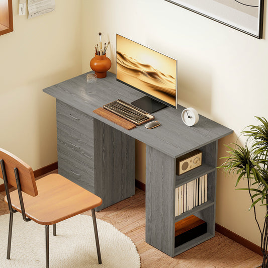 Bureau 47 pouces, étagères de rangement à 3 niveaux avec tiroirs, table d'écriture, gris