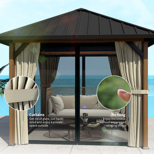 10' x 10' Hardtop Gazebo with Galvanized Steel Roof, Permanent Garden Gazebo with Netting and Curtains