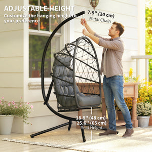 Fauteuil suspendu œuf avec support, balancelle pliable en rotin tressé avec coussin épais et corde de sécurité, gris