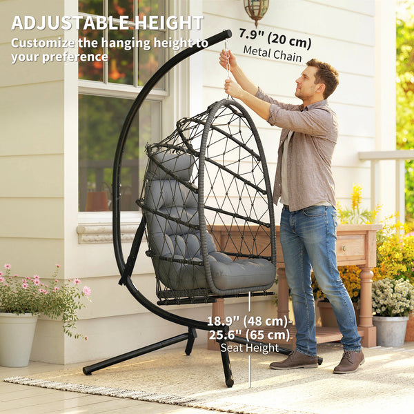 Fauteuil suspendu œuf avec support, balancelle pliable en rotin tressé avec coussin épais et corde de sécurité, gris