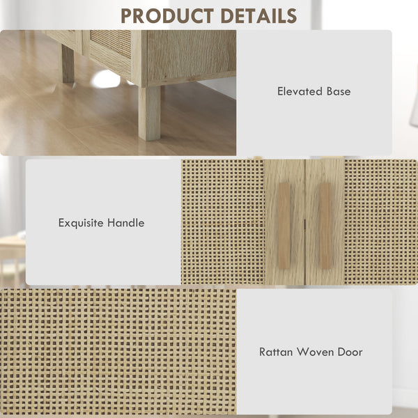 Bohemian sideboard with 3 rattan doors and adjustable shelves, natural