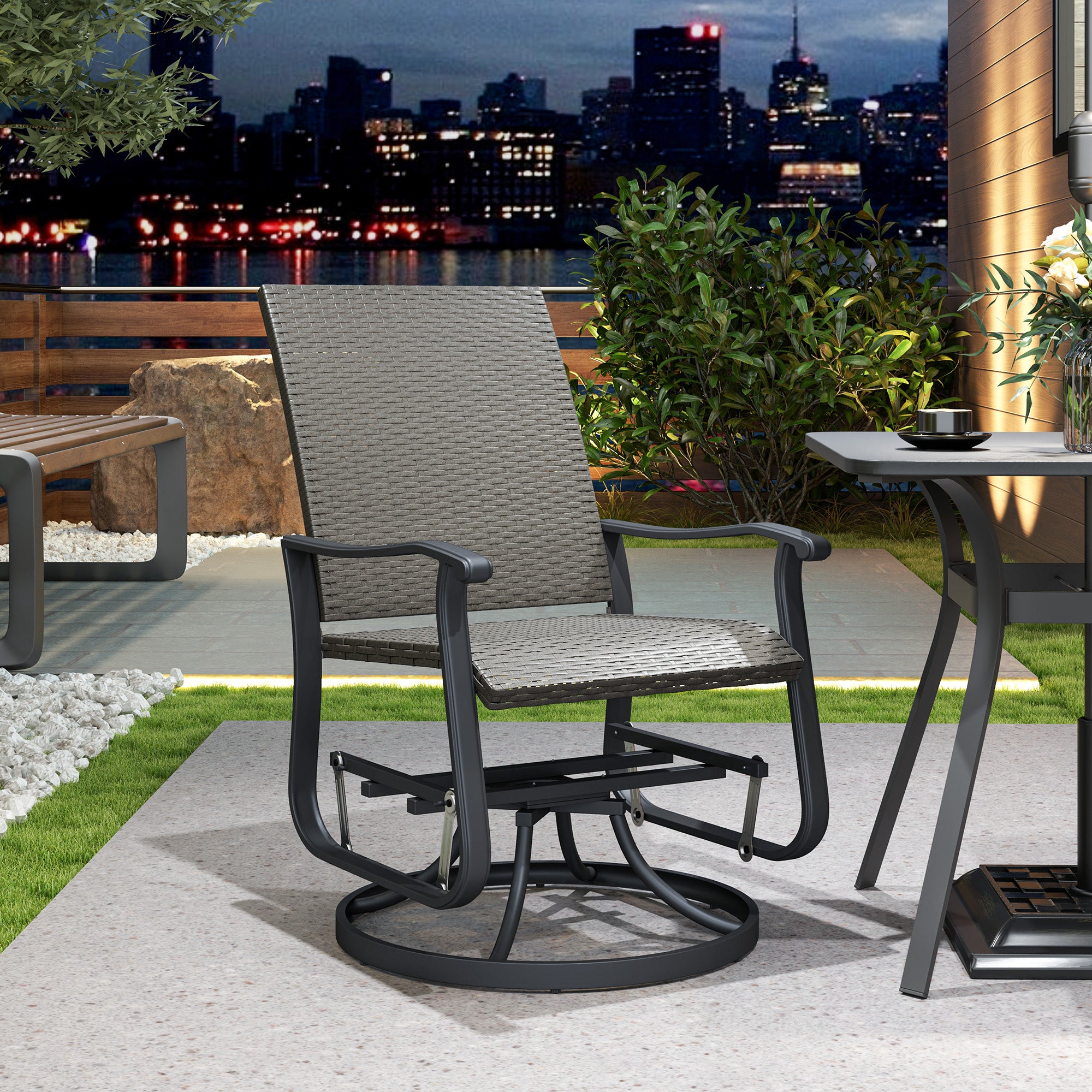 Rattan swivel rocking chair with steel frame and high back, grey