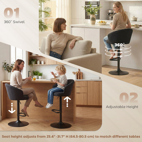 Ensemble de 2 tabourets de bar réglables, rembourrés avec assise pivotante, structure en acier, repose-pieds, noir