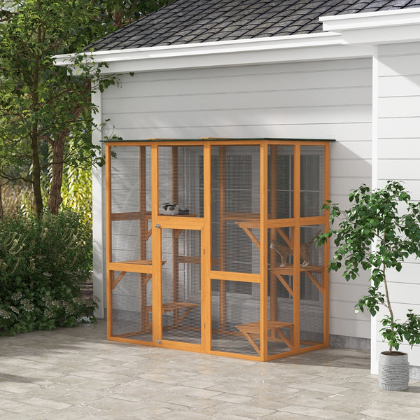 Cage pour chat en bois avec 6 plateformes équilibrées et toit en asphalte, orange