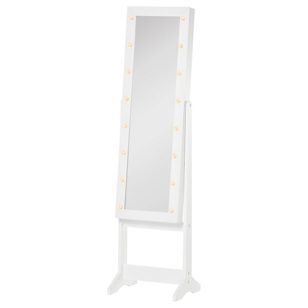 Armoire à bijoux sur pied avec miroir éclairé, angle réglable et 16 LED, blanc chaud
