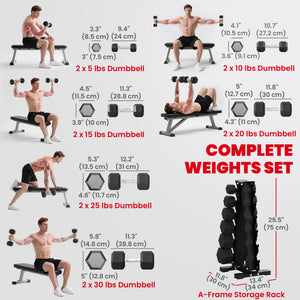 Ensemble d’haltères hexagonaux de 5 à 30 lb avec support de rangement vertical