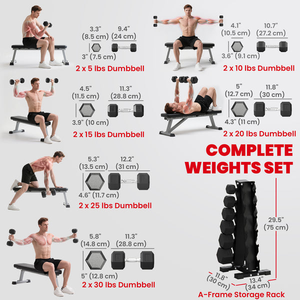 Ensemble d’haltères hexagonaux de 5 à 30 lb avec support de rangement vertical