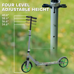 Scooter for children from 6 to 12 years old, adjustable height, rear brake, large 200 mm wheel, foldable, green