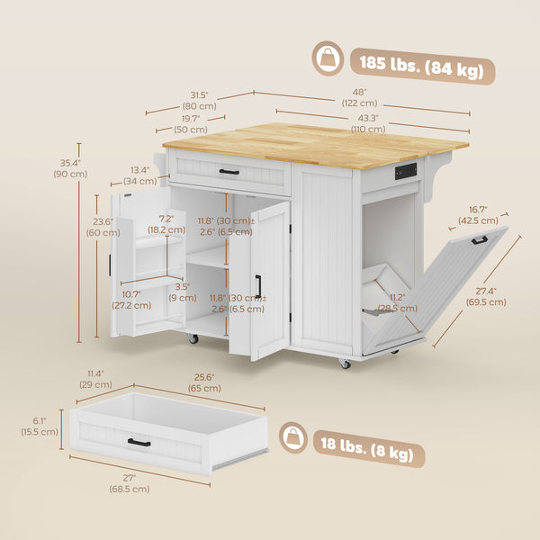 Portable kitchen island with charging station, fold-down rubberwood tabletop, waste storage, white
