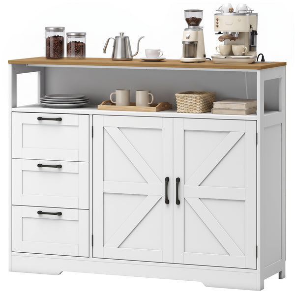 Buffet style champêtre avec station de recharge, 3 tiroirs et rangement ajustable, blanc