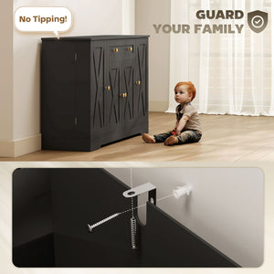 Farmhouse style coffee sideboard with doors, adjustable shelves, drawer, barn style sliding doors, black