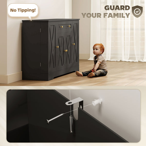 Farmhouse style coffee sideboard with doors, adjustable shelves, drawer, barn style sliding doors, black