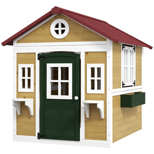 Maisonnette en bois d'extérieur avec porte, fenêtres, pots de fleurs et boîtes
