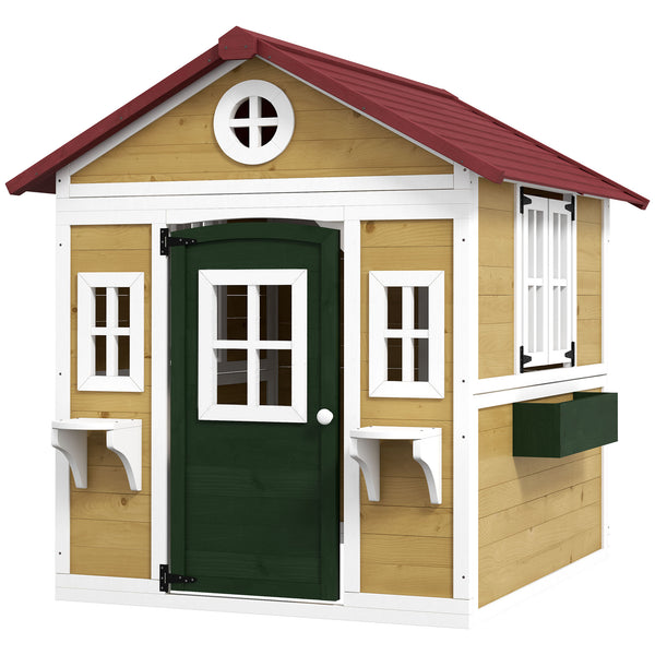 Maisonnette en bois d'extérieur avec porte, fenêtres, pots de fleurs et boîtes