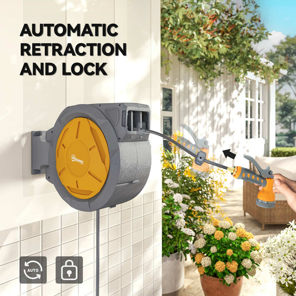 Enrouleur de tuyau d'arrosage mural rétractable, orange.