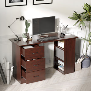 Bureau d'ordinateur avec étagères de rangement à 3 niveaux avec tiroirs, couleur noyer