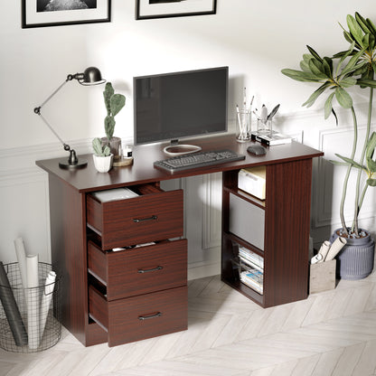 HOMCOM Computer Desk with 3-Tier Storage Shelves, 47-inch Home Office Desk with Drawers, Study and Writing Table, Walnut Color