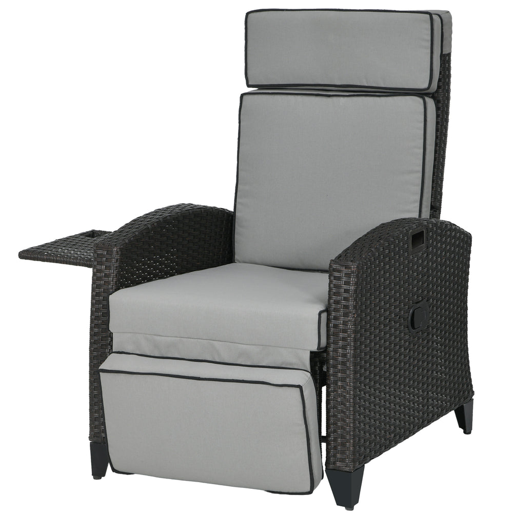 Outdoor Recliner Chair with Adjustable Backrest, Cushion, Side Tray, Light Grey