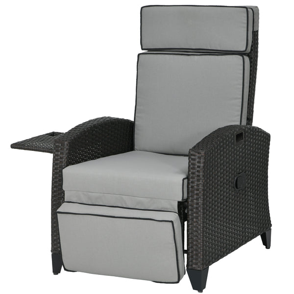 Outdoor Recliner Chair with Adjustable Backrest, Cushion, Side Tray, Light Grey