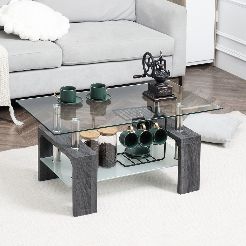 Table basse rectangulaire avec plateau en verre trempé, gris