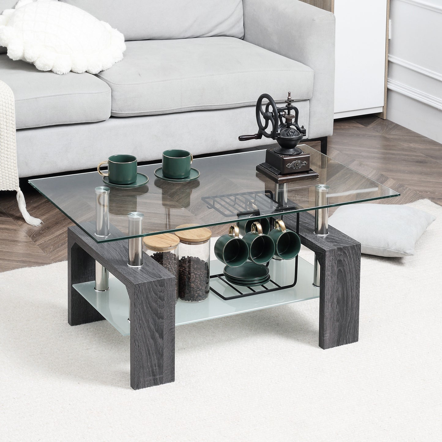 Table basse rectangulaire en verre avec plateau en verre trempé et étagère de rangement pour salon, gris
