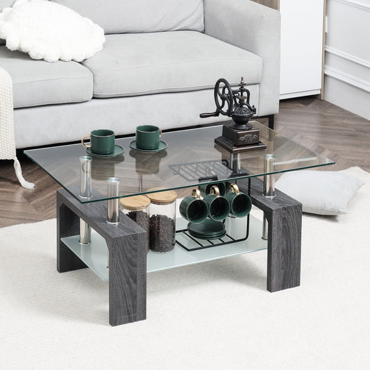 Table basse rectangulaire en verre avec plateau en verre trempé et étagère de rangement pour salon, gris