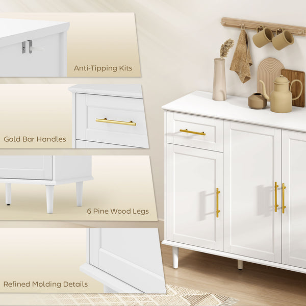 Buffet avec portes à fermeture amortie avec 2 tiroirs, 3 étagères réglables et 4 portes, blanc