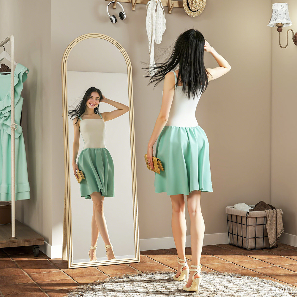 Miroir pleine longueur sur pied arqué avec cadre en imitation pierre, beige