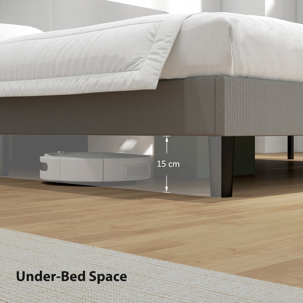 King size bed frame with adjustable upholstered headboard, wooden slatted base, quiet, light grey