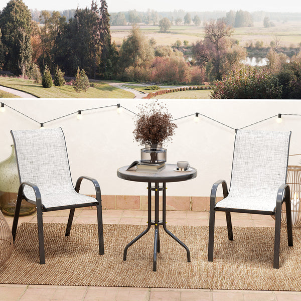 3 Pieces Bistro Set, Small Patio Furniture Set with Stackable Mesh Chairs, Glass Table for Garden, Balcony, Grey