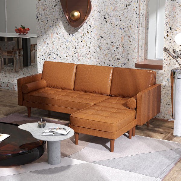 Canapé d'angle sectionnel en similicuir avec repose-pieds et 2 coussins traversins, marron
