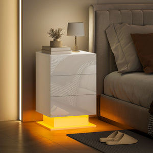 Table de chevet moderne avec éclairage LED RGB et 3 tiroirs – Blanc