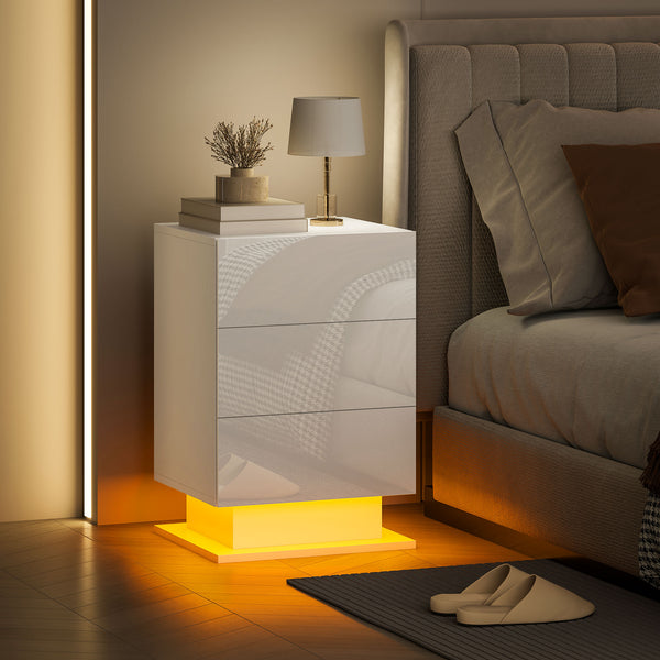 Table de chevet moderne avec éclairage LED RGB et 3 tiroirs – Blanc