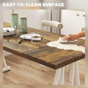 Table de cuisine style Farmhouse pour 8 personnes, rectangulaire avec plateau épais et pieds en tréteaux en acier, marron et blanc