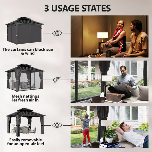 Gazebo avec toit rigide 10 x 12 avec double toit en acier galvanisé, structure en aluminium, gris foncé