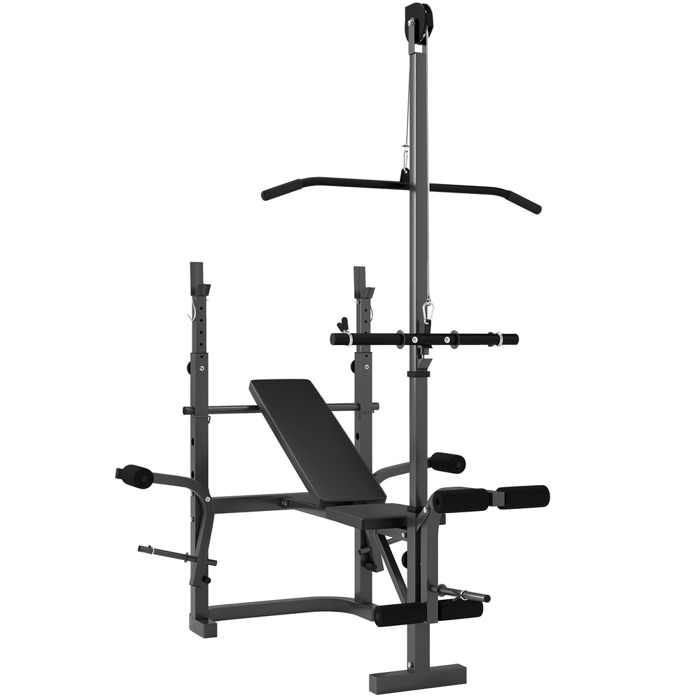 Banc de musculation réglable avec support pour développé couché et station de tirage latéral, idéal pour entraînements complets à domicile