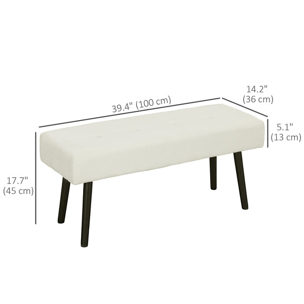 Banc ottoman rembourré en velours côtelé avec pieds en acier, blanc crème