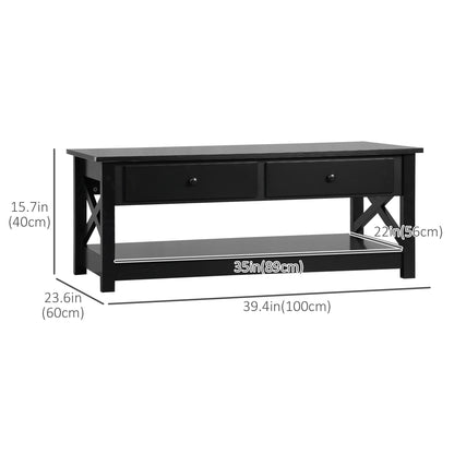 HOMCOM Coffee Table with Storage, Farmhouse Style Living Room Table with Drawers and Open Shelf, Center Table with X-Frames, Black