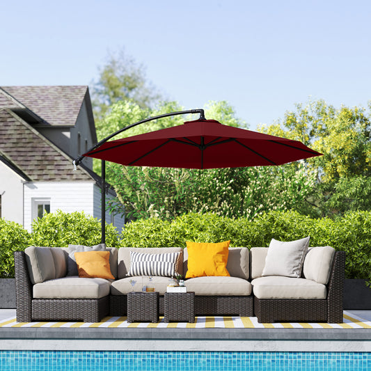 Outsunny 3m Hanging Garden Umbrella, Cantilever, Banana, with Base and Crank, Wine Red