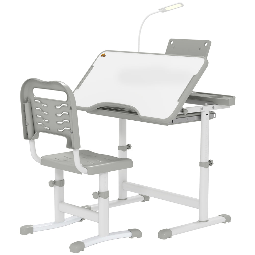Ensemble bureau et chaise réglable en hauteur avec plateau inclinable, gris