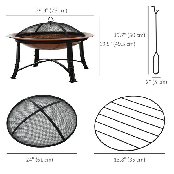 Foyer d'extérieur 30 po, rond avec couvercle, grille à bûches et tisonnier pour jardin, camping, pique-nique, bronze